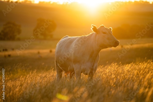 Stud Angus cows in a field free range beef cattle on a farm. Portrait of cow close up in golden light in australia. photo