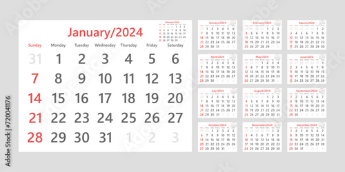 Monthly calendar template for the 2024 year. Wall calendar in a minimalist style. Desk calendar. The week starts on Sunday. Planner for the 2024 year. Vector illustration