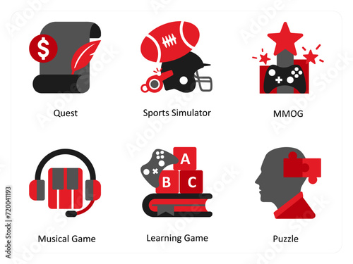 Six game icons in red and black as quest, sports simulator, mmog