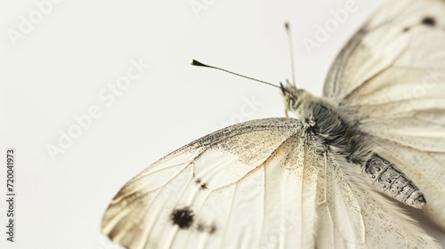 A close up of a white butterfly on a white background
