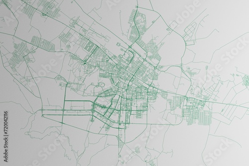 Map of the streets of Ashgabat (Turkmenistan) made with green lines on white paper. 3d render, illustration photo