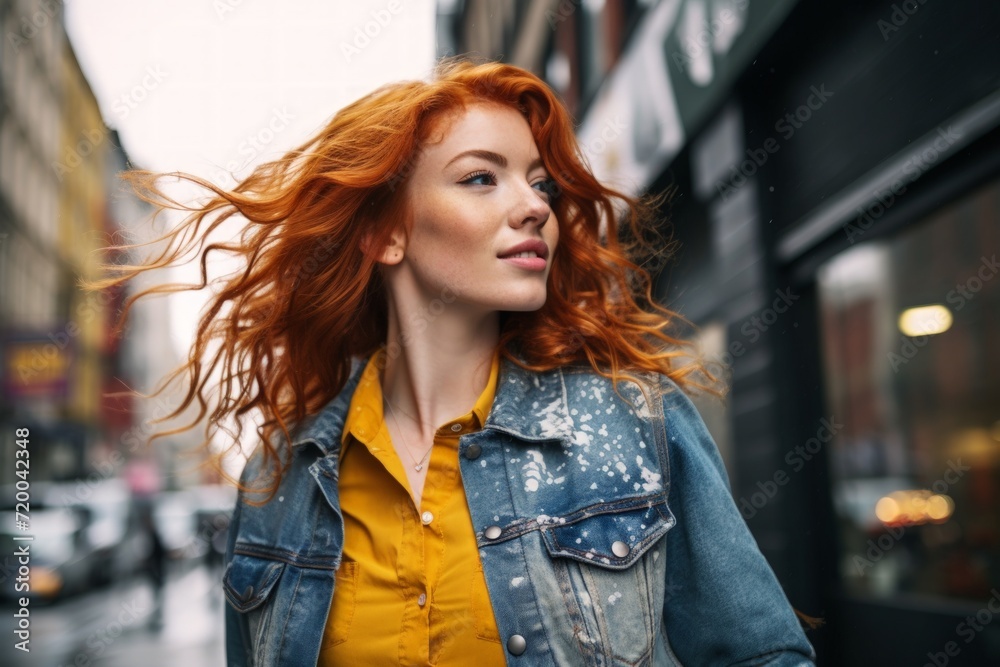 Redhead middle aged woman walking through british streets.