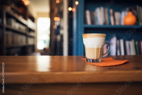 latte on a bookshelf between piles of books