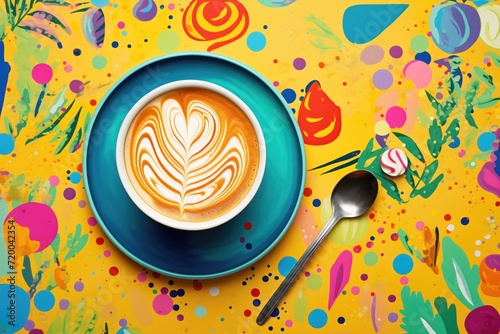 top view of a latte on vibrant colored background photo