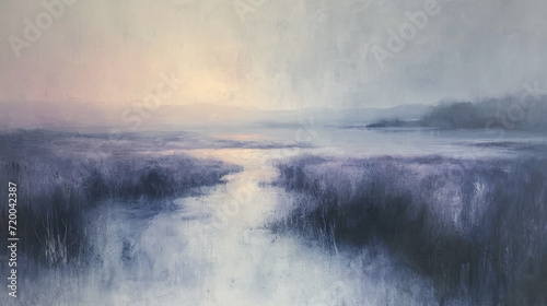 Abstract oil painting capturing a tranquil marshland under a soft, glowing sunrise with a delicate play of light and shadow. © PhotoGranary