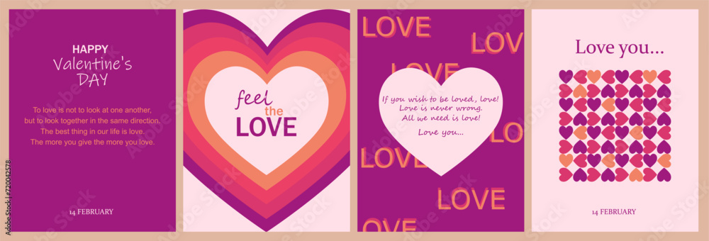 Vector illustration. Set of Valentine's Day posters in purple orange colors. Symbols of heart, Love with place for inscription. Banner, flyer, advertisement, background