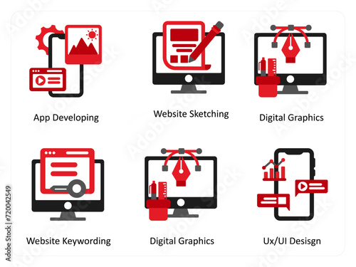 Six Technology Red and Black icons as app developing, website sketching, digital graphics
