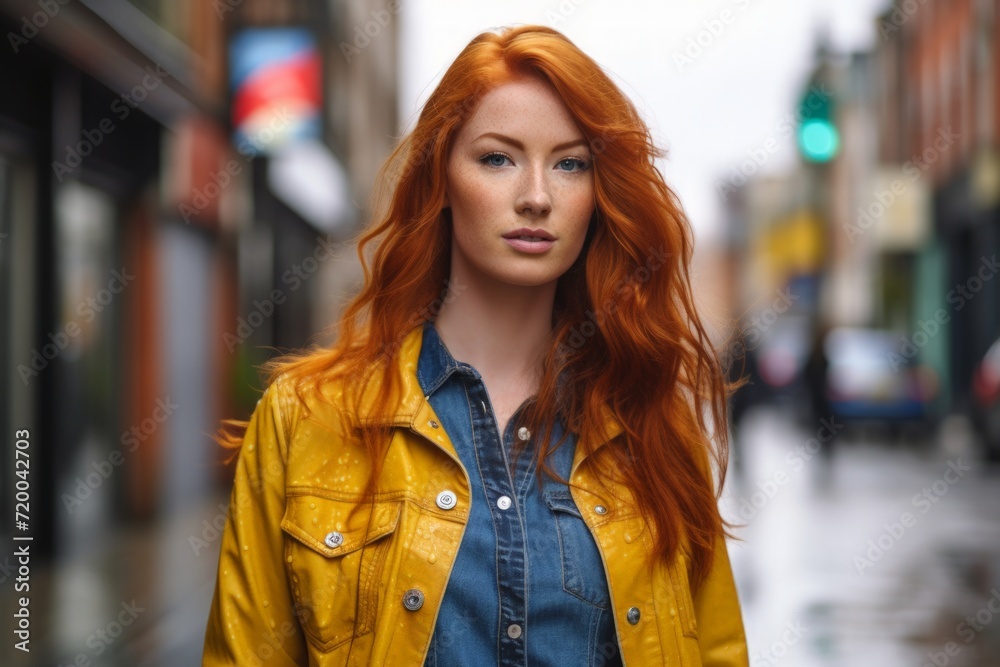 Redhead middle aged woman walking through british streets.