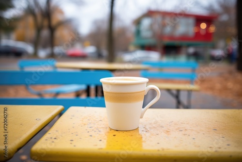 a latte in a togo cup on a park bench