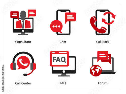 Six Customer Support Red and Black Icons as consultant, chat, call back
