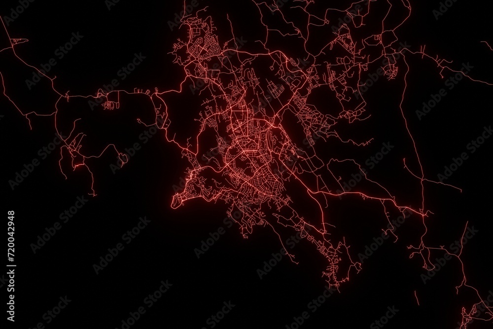 Street map of Port Moresby (Papua) made with red illumination and glow effect. Top view on roads network. 3d render, illustration - obrazy, fototapety, plakaty 
