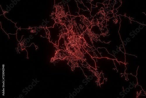 Street map of Port Moresby (Papua) made with red illumination and glow effect. Top view on roads network. 3d render, illustration