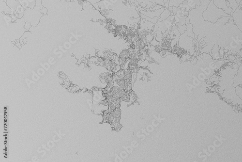 Map of the streets of Noumea (New Caledonia) made with black lines on grey paper. Top view. 3d render, illustration photo