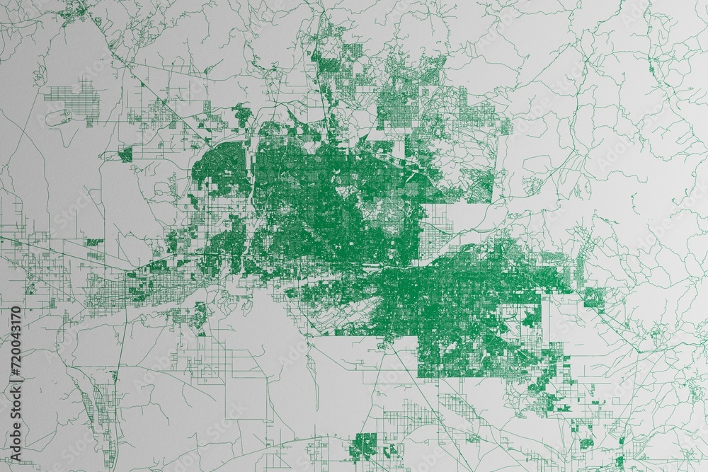 Map of the streets of Phoenix (Arizona, USA) made with green lines on white paper. 3d render, illustration