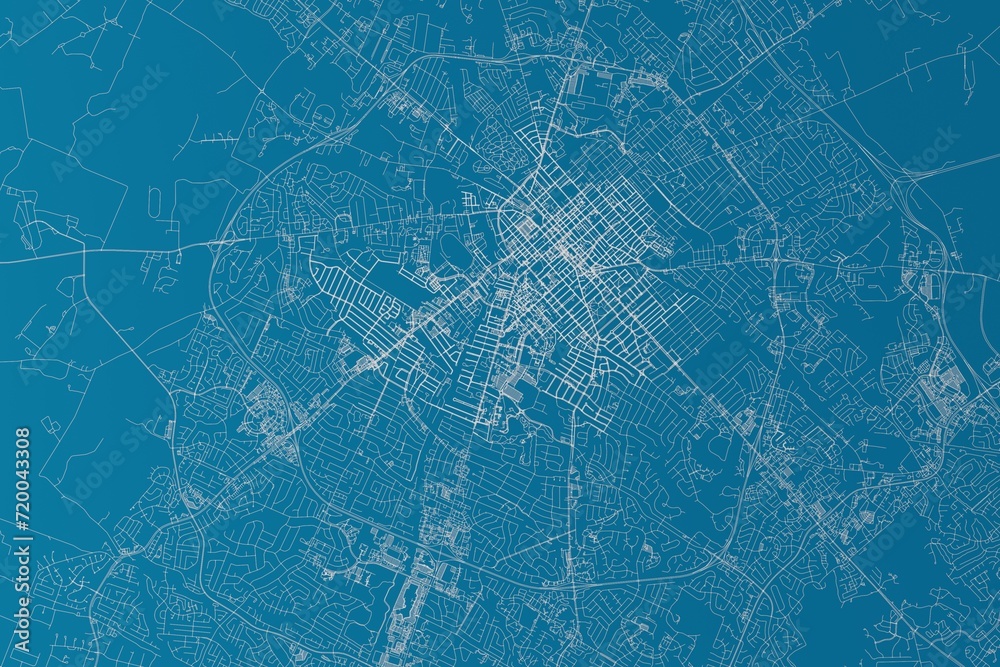 Map of the streets of Lexington (Kentucky, USA) made with white lines on blue background. 3d render, illustration