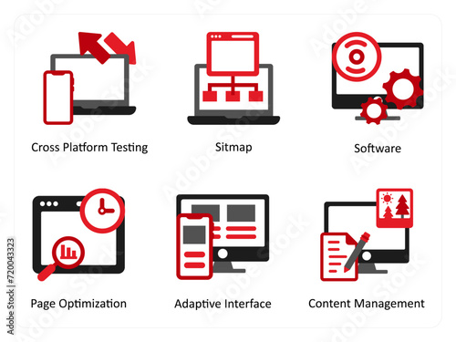 Six Technology Red and Black icons as cross platform testing, sitemap, software
