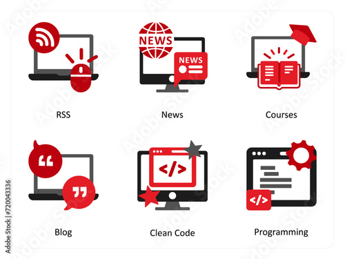Six Technology Red and Black icons as rss, news, courses