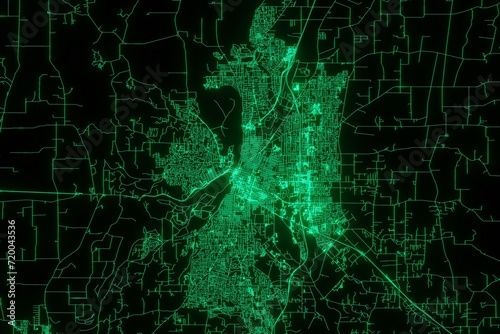 Map of the streets of Salem (Oregon, USA) made with green illumination and glow effect. Top view on roads network. 3d render, illustration