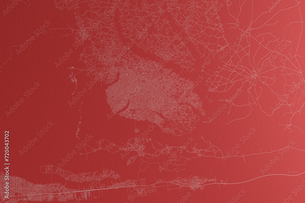 Obraz premium Map of the streets of Porto Novo (Benin) made with white lines on red paper. Top view, rough background. 3d render, illustration