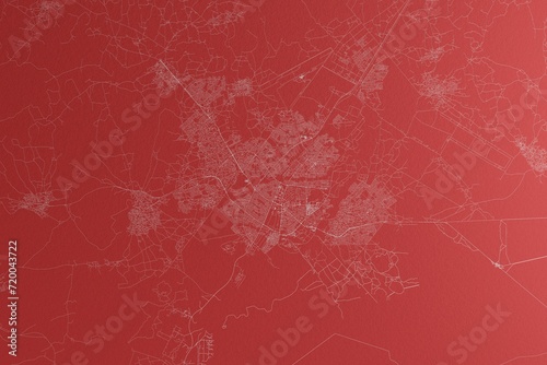 Map of the streets of Gaborone (Botswana) made with white lines on red paper. Top view, rough background. 3d render, illustration