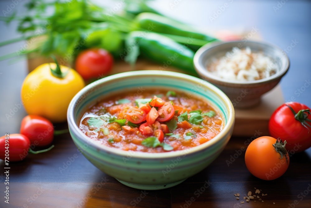bowl of spicy salsa, whole tomatoes and chilies nearby bowl of spicy salsa, whole tomatoes and chilies nearby