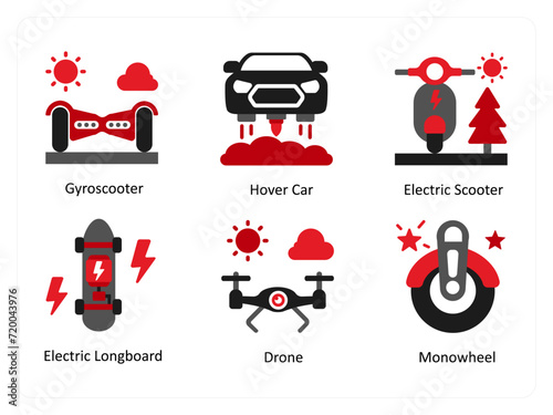 Six Technology Red and Black icons as gyroscooter, hover car, electric scooter