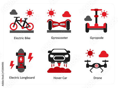Six Technology Red and Black icons as electric bike, gyroscooter, gyropode