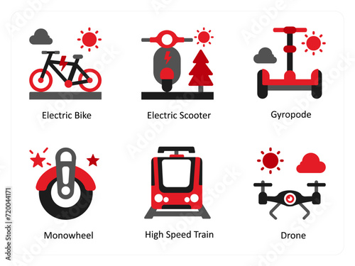 Six Technology Red and Black icons as electric bike, electric scooter, gyropode