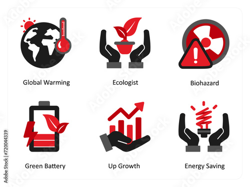 Six ecology icons in red and black as global warming, ecologist, biohazard