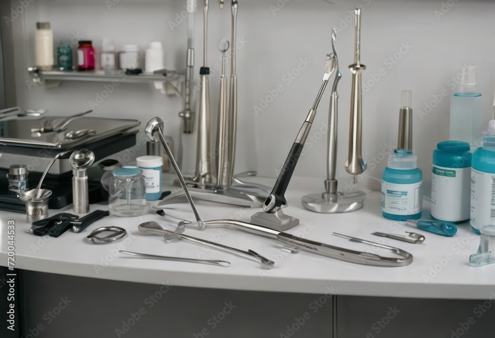 Top down view on various dental instruments such as syringe, toothbrushes, false teeth, pliers, mouth mirror, floss, picks, drill, scissors and mask
