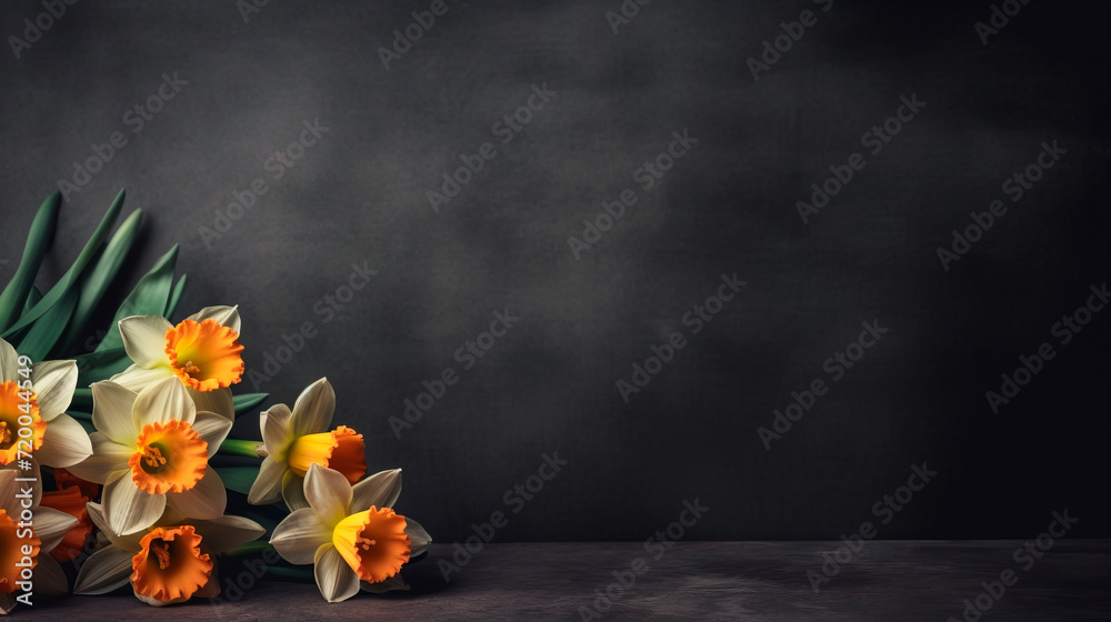 white narcissus flower on a dark background with a place for text white narcissus flower on a dark background with a place for text