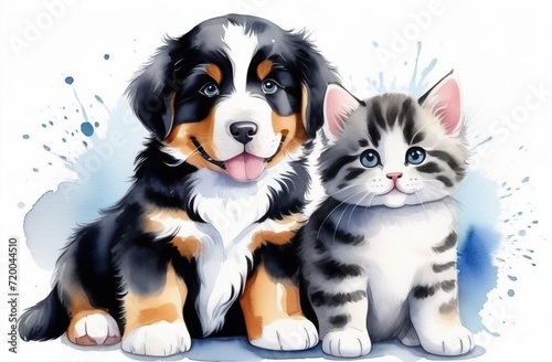 Happy pets. puppy and gray tabby cat on white background. © Viktorija