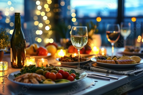 Dining table full of dishes with food,drinks and snacks with night lights bokeh background