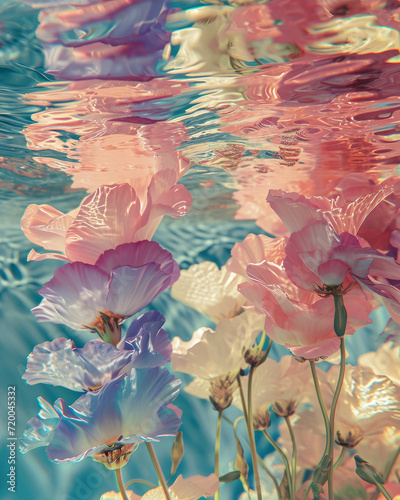 Light pink, purple, yellow flowers underwater. Romantic retro style photography. Spring floral aesthetic.