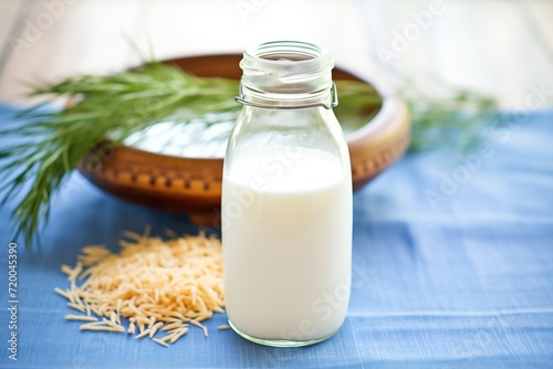 kefir in a clear glass bottle with closeup of probiotic grains photo
