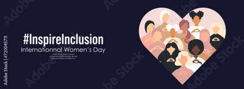 Women's Day banner. #InspireInclusion Diverse women with heart-shaped hands stand togetherv