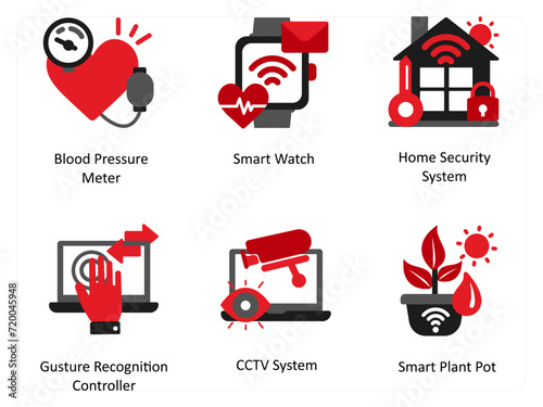 Six medical icons in red and black as blood pressure meter, smart watch, home security system