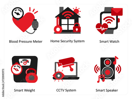 Six medical icons in red and black as blood pressure meter, home security, smart watch