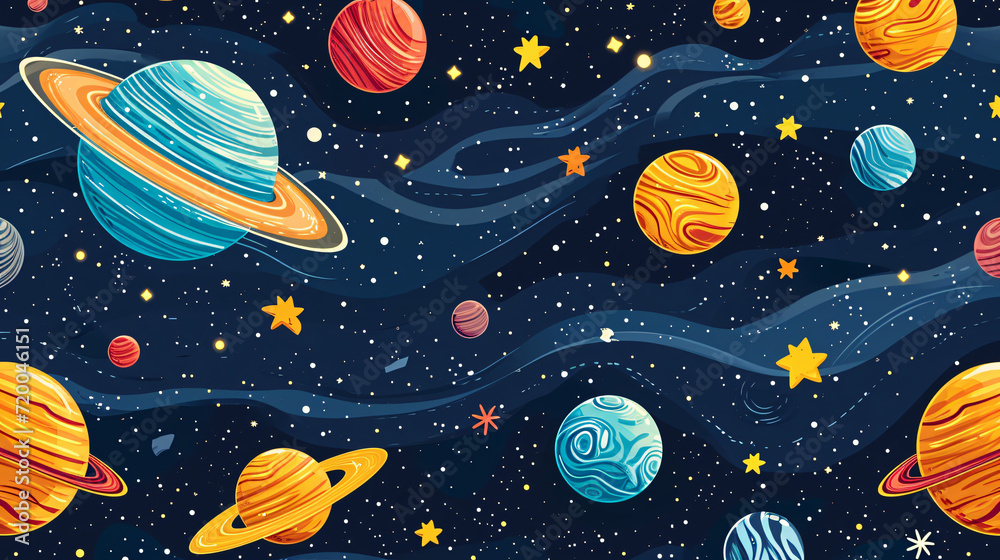 Seamless pattern with planets and stars