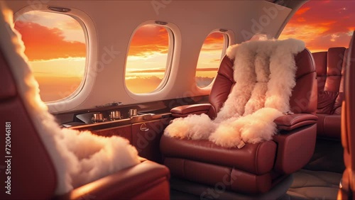 With a frontrow seat in your luxurious private jet, immerse yourself in the captivating beauty of a fiery sunset, painting the clouds with streaks of red and orange. photo