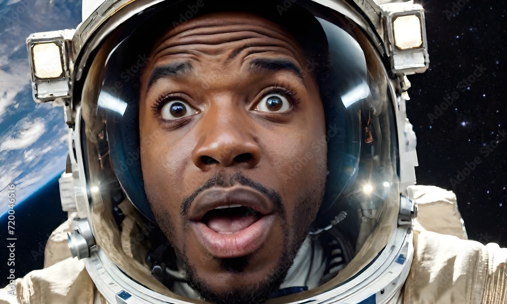 Surprised african american man astronaut on a mission Surprised african american man astronaut on a mission