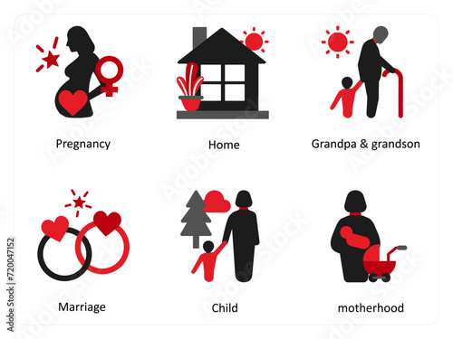 Six business icons in red and black as pregnancy, home, granspa and grandson