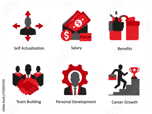 Six business icons in red and black as self actualization, salary, benefits