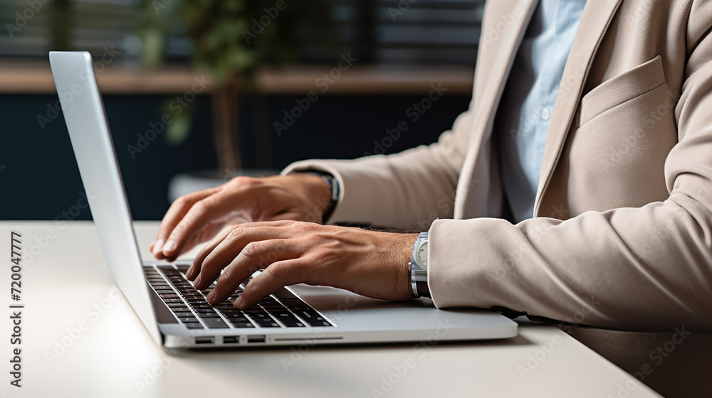 Businessman hand typing on a laptop while working in a white office, close-up. Businessman hand typing on a laptop while working in a white office, close-up.