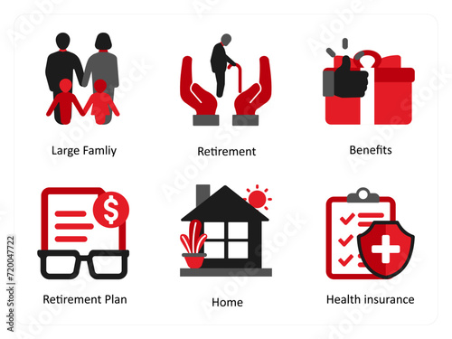 Six business icons in red and black as large family, retirement, benefits