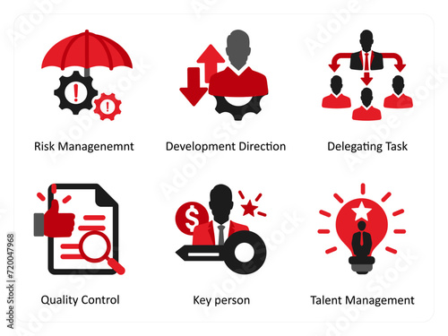 Six business icons in red and black as risk management, development direction, delegating task 