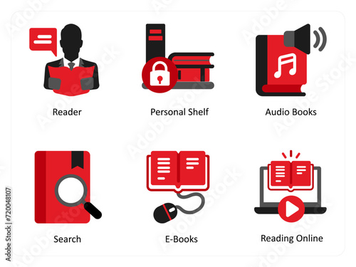 Six education icons in red and black as reader, personal shelf, audio books