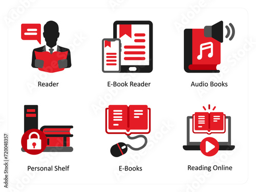 Six education icons in red and black as reader, e book reader, audio books