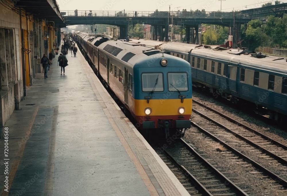 Retro steam train departs from the railway station at sunset.