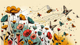 Whimsical Bees and Butterflies Amongst Blooming Wallflowers, artistic illustration